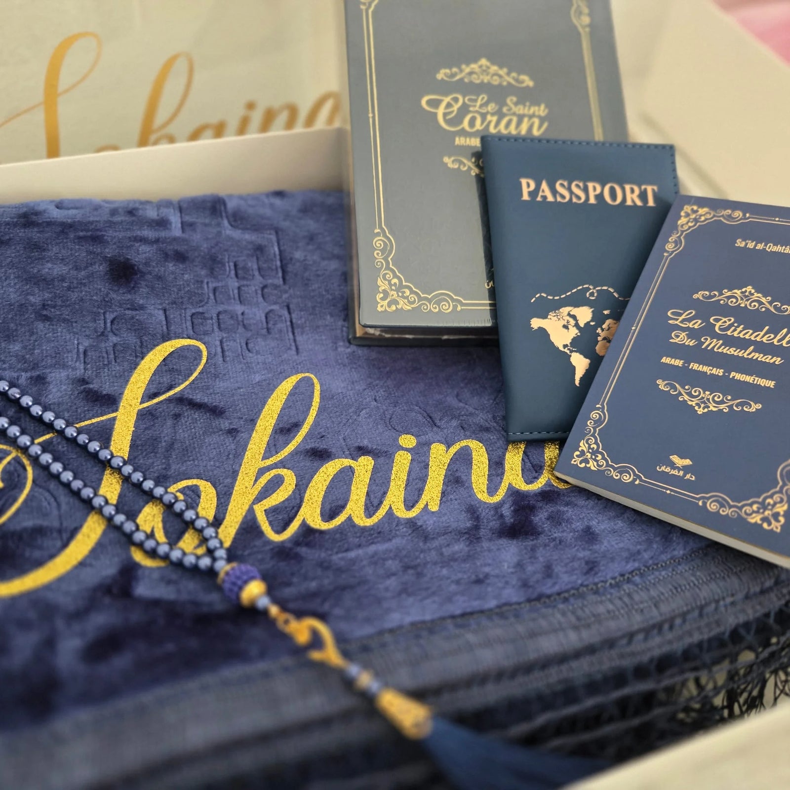 Coffret coran tapis de prière Bleu nuit femme homme