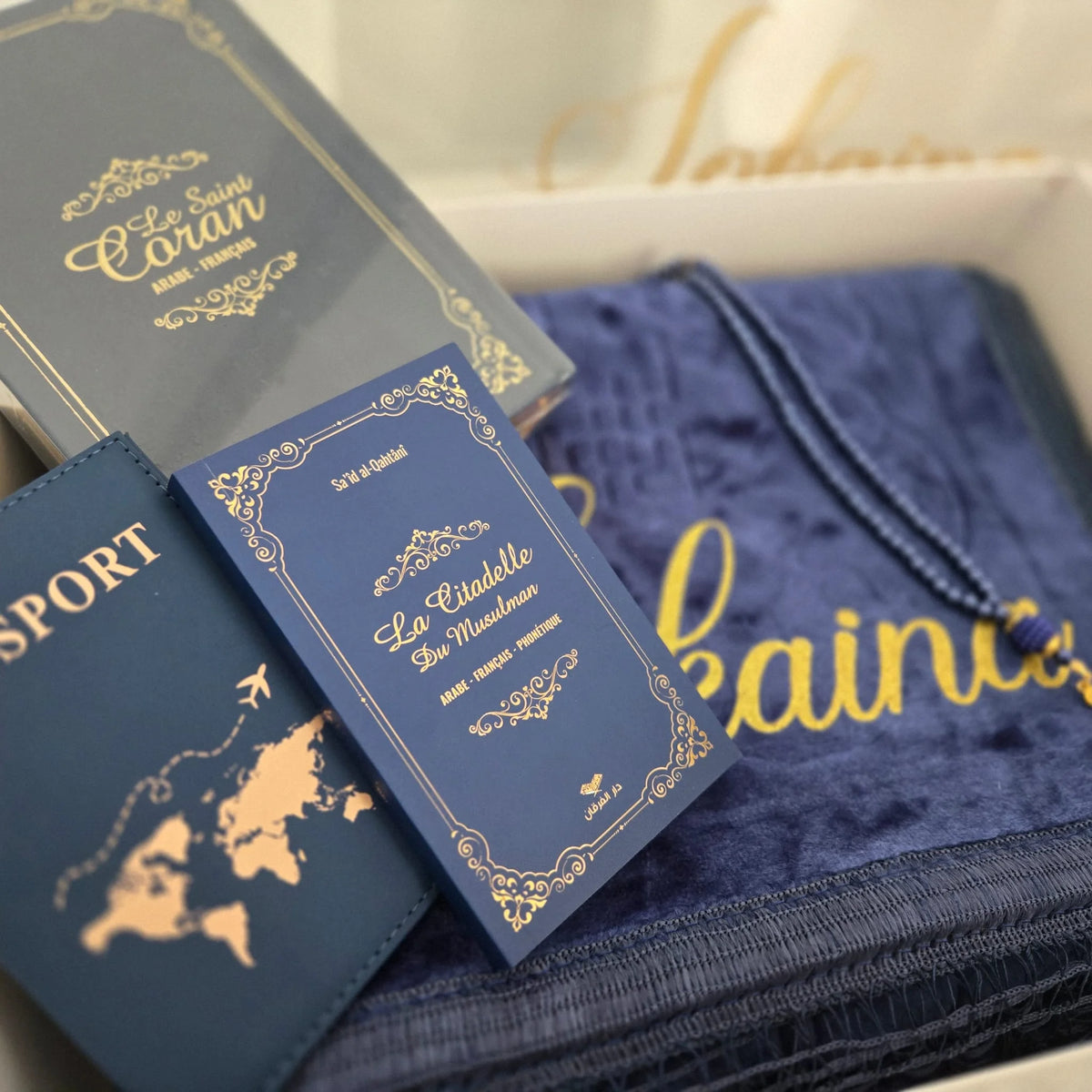 Coffret coran tapis de prière Bleu nuit femme homme