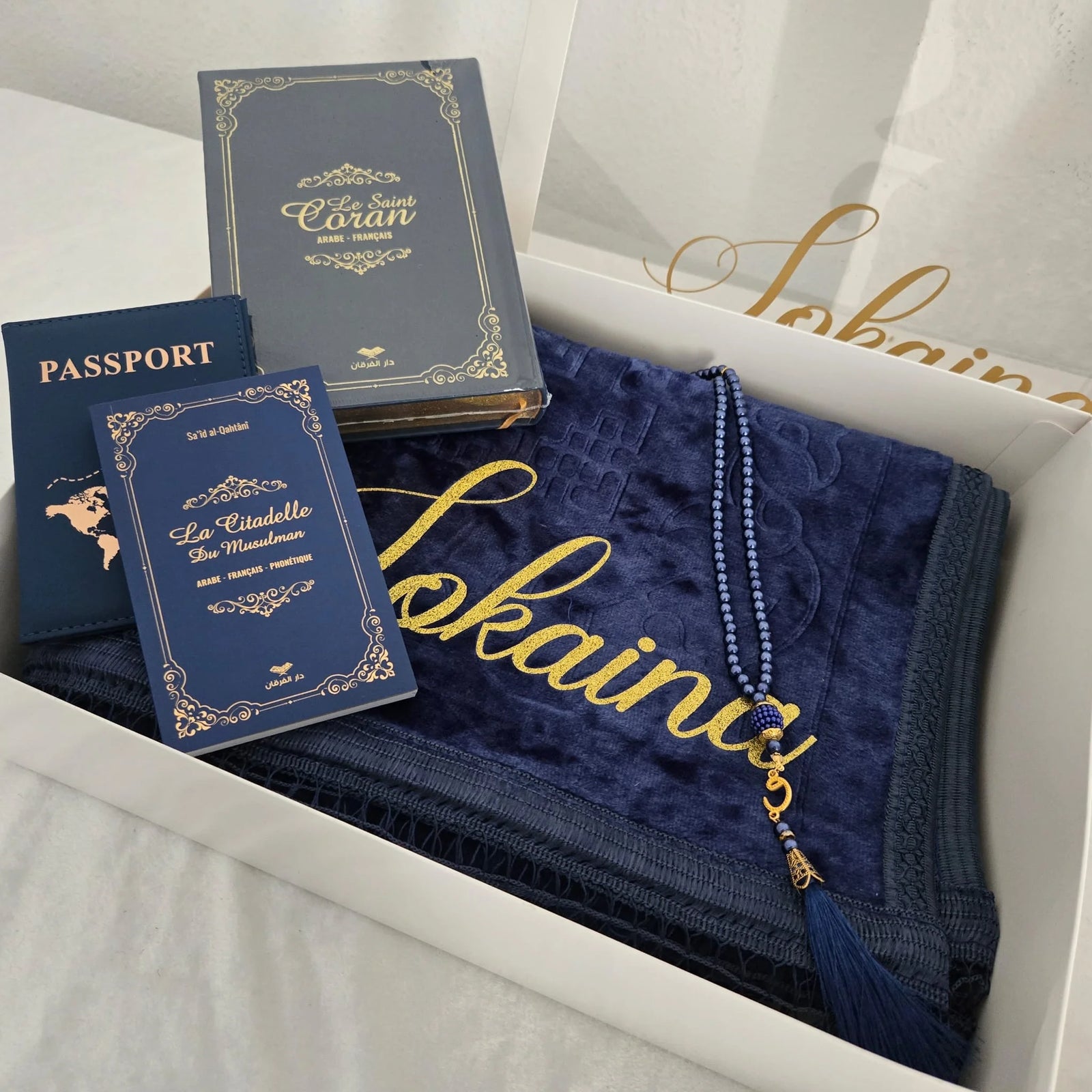 Coffret coran tapis de prière Bleu nuit femme homme